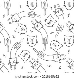 Funny vector seamless pattern with hand drawn difference cats, paws, naive childish ornament. Doodle pattern for printing on fabric, clothing, wrapping paper, wallpaper for a kid's room, baby things