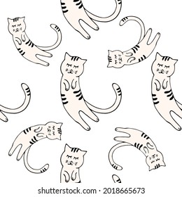 Funny vector seamless pattern with hand drawn difference cats, paws, naive childish ornament. Doodle pattern for printing on fabric, clothing, wrapping paper, wallpaper for a kid's room, baby things
