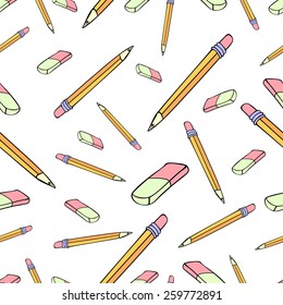 Funny vector seamless pattern with hand drawn pencils and rubbers. Cartoon style, on isolated background. Could be used as print for web, textile or paper