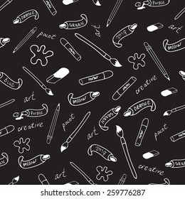 Funny vector seamless pattern with hand drawn artist's items - colors, pencils, brushes, rubbers in cartoon style. Monochrome, on isolated background. Could be used as print for web, textile or paper