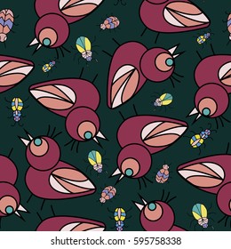 funny vector seamless pattern with the image of beetles, birds, flowers and leaves. Perfect for decoration of your ideas