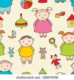 Funny vector seamless pattern with kids.Girl, boy and toys. Ideal for textile, wallpaper, wrapping, web pages, etc.