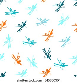 Funny vector seamless pattern with stylized butterflies. All shades of blue and orange elements on white isolated background. Good choice for textile design, print or web background, wallpaper, etc,