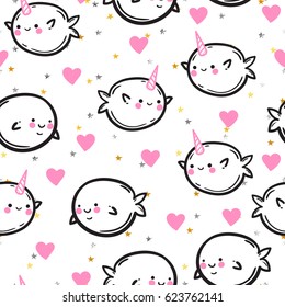 Funny vector seamless pattern with unicorn fish. Cute whales and narwhals in hearts and stars. Children's drawing.