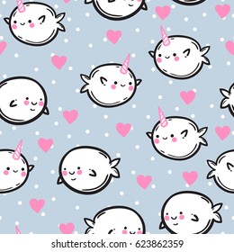 Funny vector seamless pattern with unicorn fish. Cute whales and narwhals in hearts. Children's drawing.