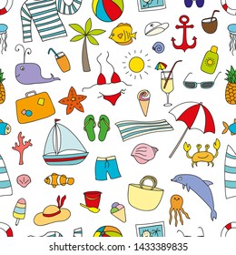 Funny vector seamless pattern with vacations elements. Can be used for decoration of albums, blog, web sites, postcard, poster. Sea elements - anchor, palm, fish, hat, ship, shell. Happy traveling!