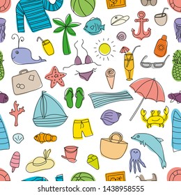 Funny vector seamless pattern with vacations elements. Can be used for decoration of albums, blog, web sites, postcard, poster. Sea elements - anchor, palm, fish, hat, ship, shell. Happy traveling!