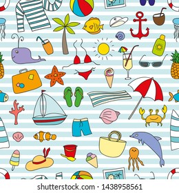 Funny vector seamless pattern with vacations elements. Can be used for decoration of albums, blog, web sites, postcard, poster. Sea elements - anchor, palm, fish, hat, ship, shell. Happy traveling!