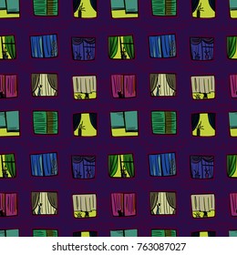funny vector seamless pattern windows in high-rise building night