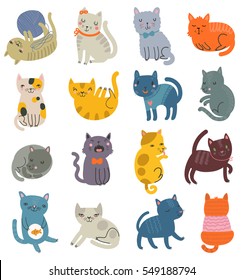 Funny vector set of cats. Collection of cute characters