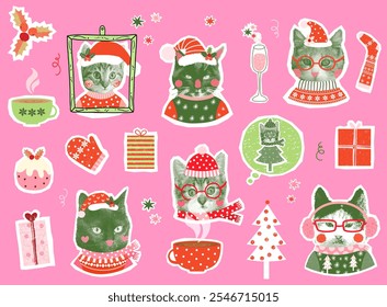 Funny vector set with cute cat faces, half tone paper collage style with hats and scarves, Christmas graphic design elements