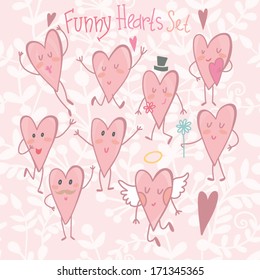 Funny vector set with cute hearts. Valentines Day stylish vector set in romantic colors for your design.