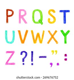 Funny  vector set of english letters, hand drawn alphabet with watercolor pencils. Good for children's stuff, invitations.