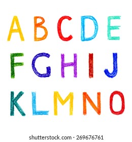 Funny  vector set of english letters, hand drawn alphabet with watercolor pencils. Good for children's stuff, invitations.
