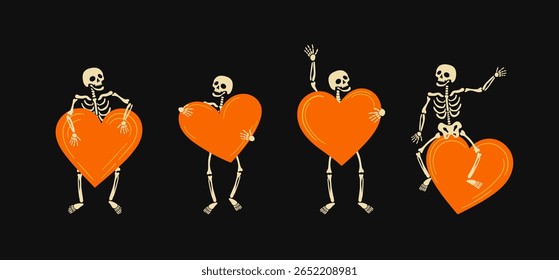 Funny vector set of four illustrated skeletons holding large orange hearts. Cute and spooky characters for Valentines or Halloween. Isolated design elements on a black background.