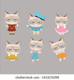 Funny vector set of grumpy cat.