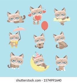 Funny vector set of grumpy cat.
