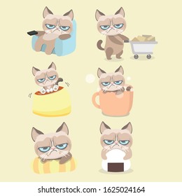 Funny vector set of grumpy cat.