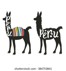 Funny vector set illustration with llama silhouette. PERU lettering