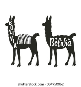 Funny vector set illustration with llama silhouette. Typography posters, BOLIVIA lettering