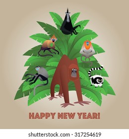Funny vector set of the monkeys with christmas palm