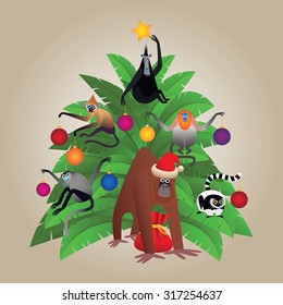 Funny vector set of the monkeys with christmas palm