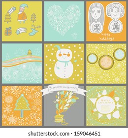 Funny vector set of nine christmas cards. Cute New Year and Christmas set with snowman, children, balls, trees, gifts, deer, star, Santa Claus, snowflakes. Collection of vintage illustrations