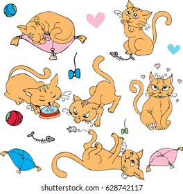 Funny vector set of orange, red cats. Sleeping and playing kittens