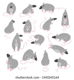 Funny vector set of rats in different poses. 2020 year symbol. Illustration isolated on white.