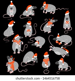 Funny vector set of rats in different poses with christmas hats. 2020 year symbol. Black background.