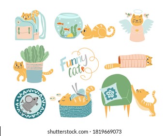 Funny vector set of red cats. Collection of cute sticker characters