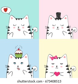 Funny vector set of white cats. Collection of cute sketch characters drawn with colored crayons and pen. Four lovely doodle cards with scratched paint