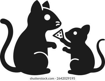 A funny vector silhouette illustration featuring a cat and a rat with cheese