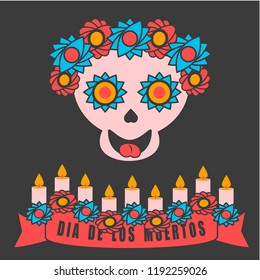 Funny vector skull with flowers, candles and red ribbon