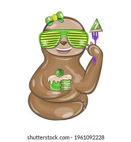 Funny vector sloth who eats dessert from a cactus. An isolated image on a white background is perfect for prints on baby products. This illustration of a sloth looks very cute.