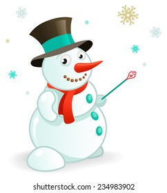 Funny vector Snowman with magic wand. Xmas illustration