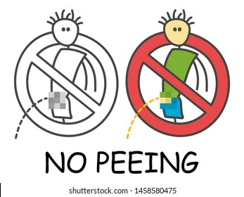 Funny vector standing stick man peeing in children's style. No urinating no pee sign red prohibition. Stop symbol. Prohibition icon sticker for area places. Isolated on white background.