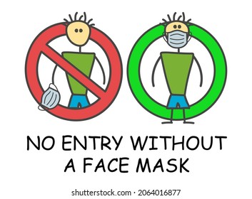 Funny vector stick man with a face mask in children's style. No Entry Without a Face Mask sign red prohibition. Stop symbol. Prohibition icon sticker for area places. Isolated on white 