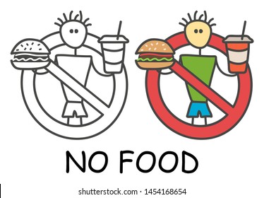 Funny vector stick man with a hamburger and drink in children's style. No eating no fastfood sign red prohibition. Stop symbol. Prohibition icon sticker for area places. Isolated on white background.