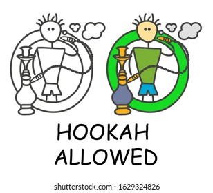 Funny vector stick man and hookah in cute style. Allowed kalian sign green. Not forbidden symbol. Sticker or icon for area places. Isolated on white background.