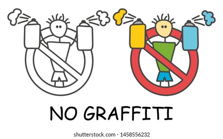 Funny vector stick man with a spray in children's style. No graffiti no aerosol sign red prohibition. Stop symbol. Prohibition icon sticker for area places. Isolated on white background.