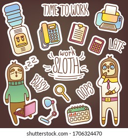 Funny vector sticker pack with business sloth spending time at work. Cute pictures to decorate your diary. Office equipment, items. Lazy, non-punctual employee. Design of web stores.