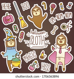 Funny vector sticker pack with sloth in Halloween theme. Cute seasonal pictures to decorate your diary. Celebrating the day of all the dead. Festive attributes, funny and creepy costumes. 