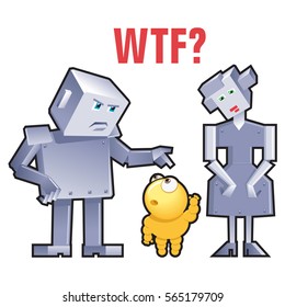 Funny Vector Sticker: "Robots Family Think about his Boy". Vector Illustration for T-Shirt Design in Cartoon Style