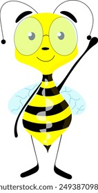 Funny vector sticker of a yellow and black bee smiling and waving its leg