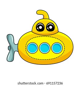 Funny vector submarine ship with cute eyes in flat style isolated on white background. Childish print