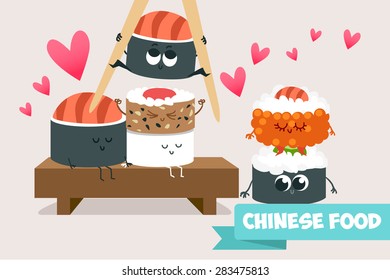 Funny vector sushi characters. Set of icons. Asian cuisine.