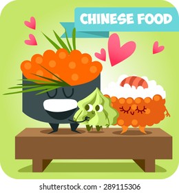 Funny vector sushi characters. Set of icons. Asian cuisine.