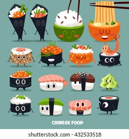 Funny vector sushi characters. Set of icons. Asian cuisine.