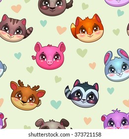 Funny vector texture with cute animal faces and hearts, endless childish background